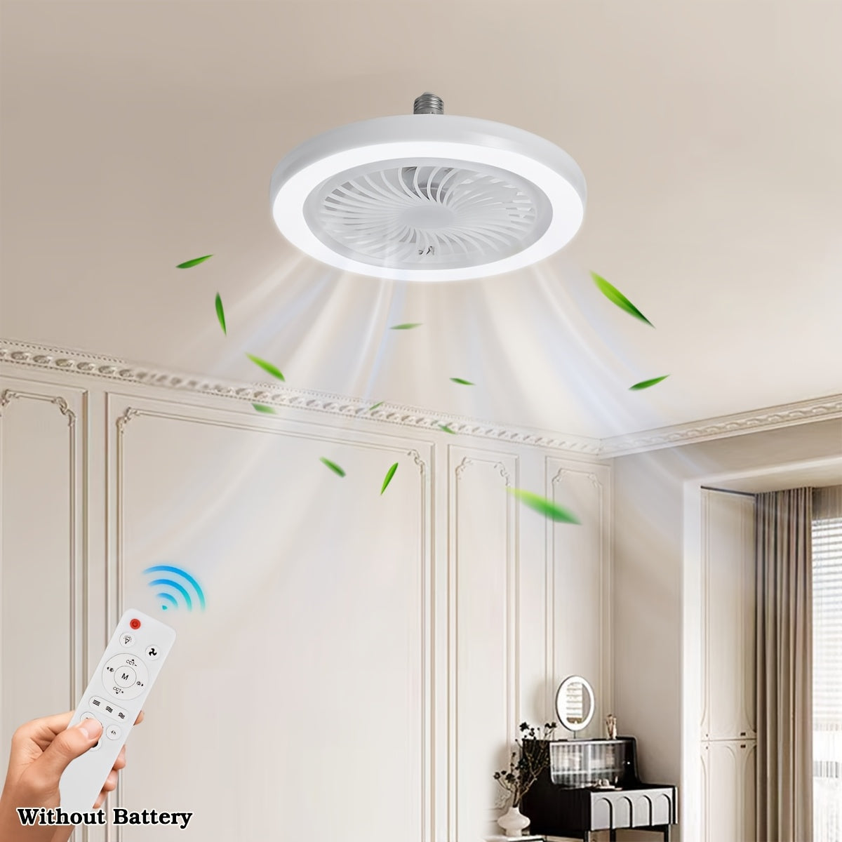 LED Slimme Ventilatorlamp, Verstelbare Windkracht & Continu Dimbaar, Onzichtbare Zonder Bladen, E27/E26 Inbouwinstallatie met Afstandsbediening, Modern en Eenvoudig Dunne Plafondventilator voor Woonkamer, Slaapkamer, Eetkamer, Opbergkamer etc