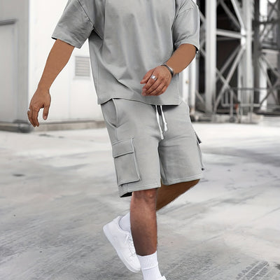 Ademende Stof Heren Beige Casual Sportkleding Set - Polyester Ronde Hals T-Shirt & Shorts met Trekkoord en Zakken, Machinewasbaar, Zomercomfort