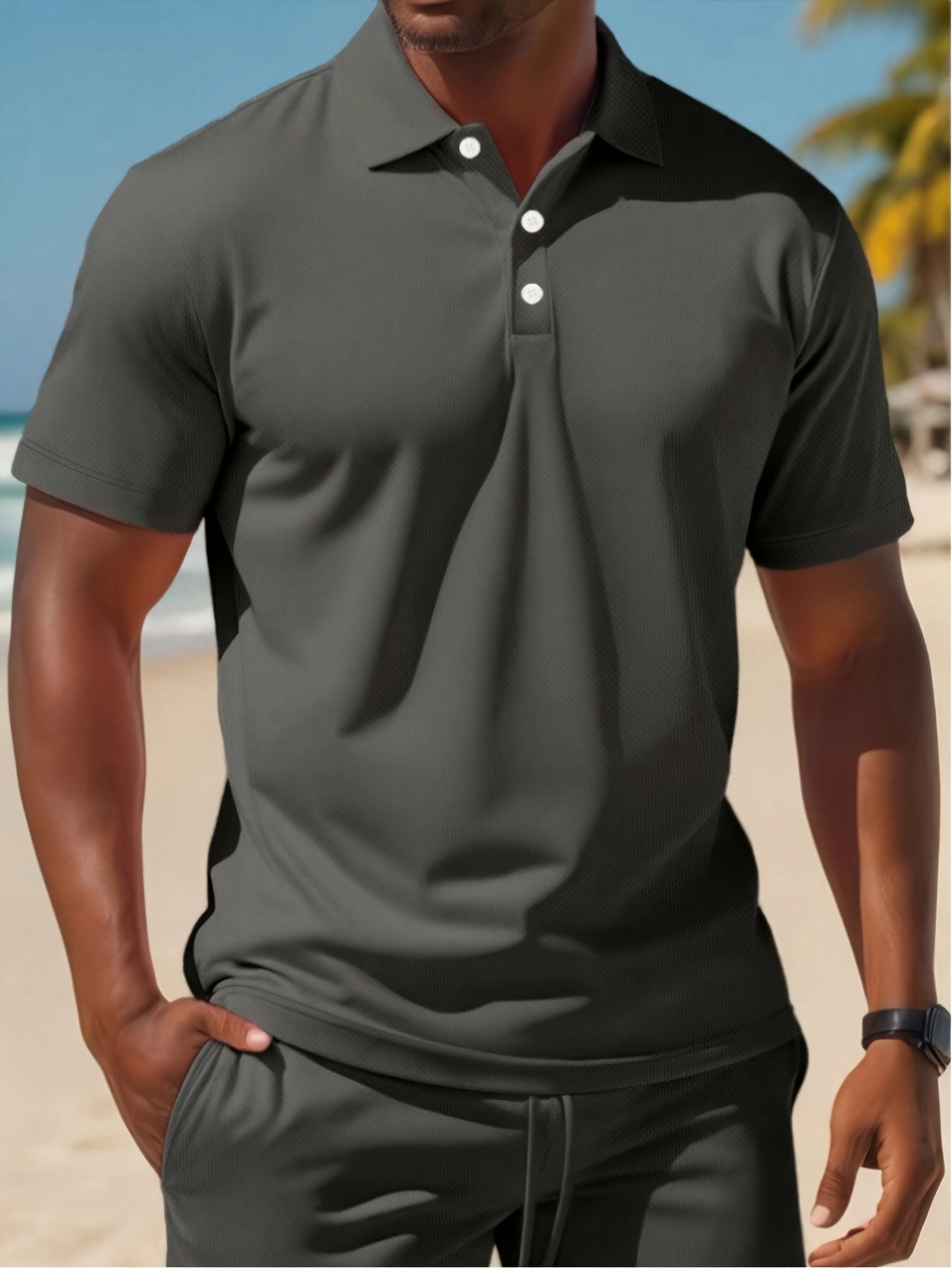 Zomerse casual herenset met lichtgewicht korte mouwen golftop met kraag en effen kleur tailleband shorts.kken