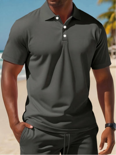 Zomerse casual herenset met lichtgewicht korte mouwen golftop met kraag en effen kleur tailleband shorts.kken