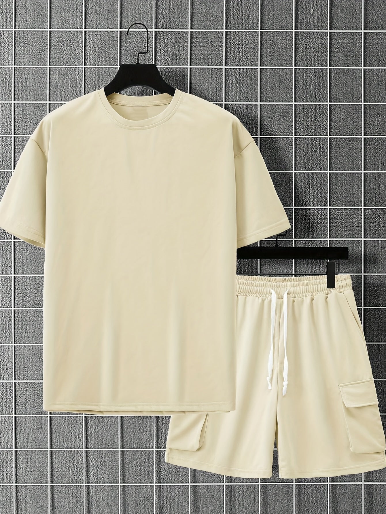 Ademende Stof Heren Beige Casual Sportkleding Set - Polyester Ronde Hals T-Shirt & Shorts met Trekkoord en Zakken, Machinewasbaar, Zomercomfort