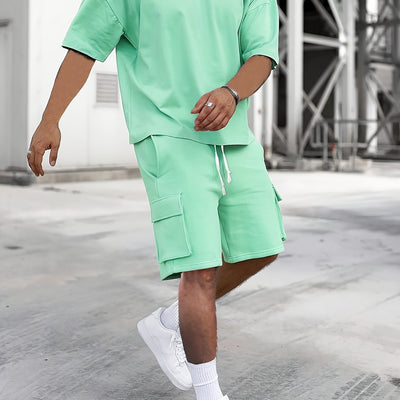 Ademende Stof Heren Beige Casual Sportkleding Set - Polyester Ronde Hals T-Shirt & Shorts met Trekkoord en Zakken, Machinewasbaar, Zomercomfort