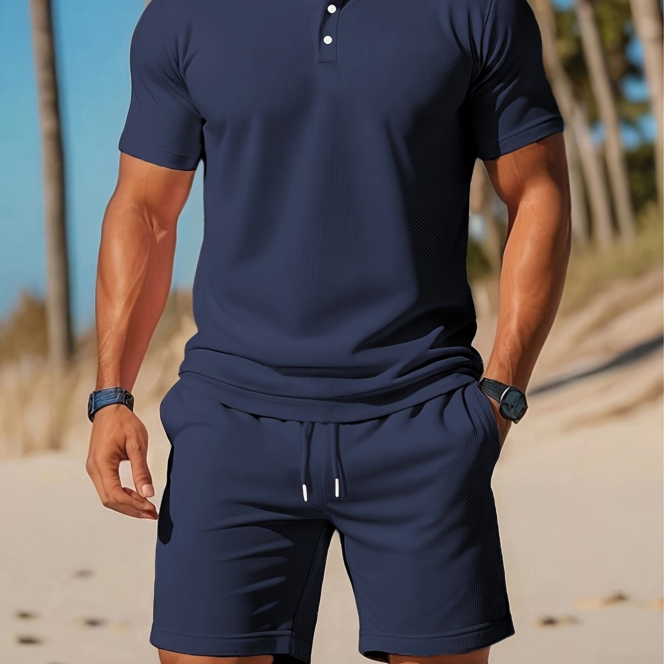 Zomerse casual herenset met lichtgewicht korte mouwen golftop met kraag en effen kleur tailleband shorts.kken