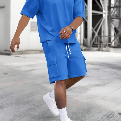 Ademende Stof Heren Beige Casual Sportkleding Set - Polyester Ronde Hals T-Shirt & Shorts met Trekkoord en Zakken, Machinewasbaar, Zomercomfort