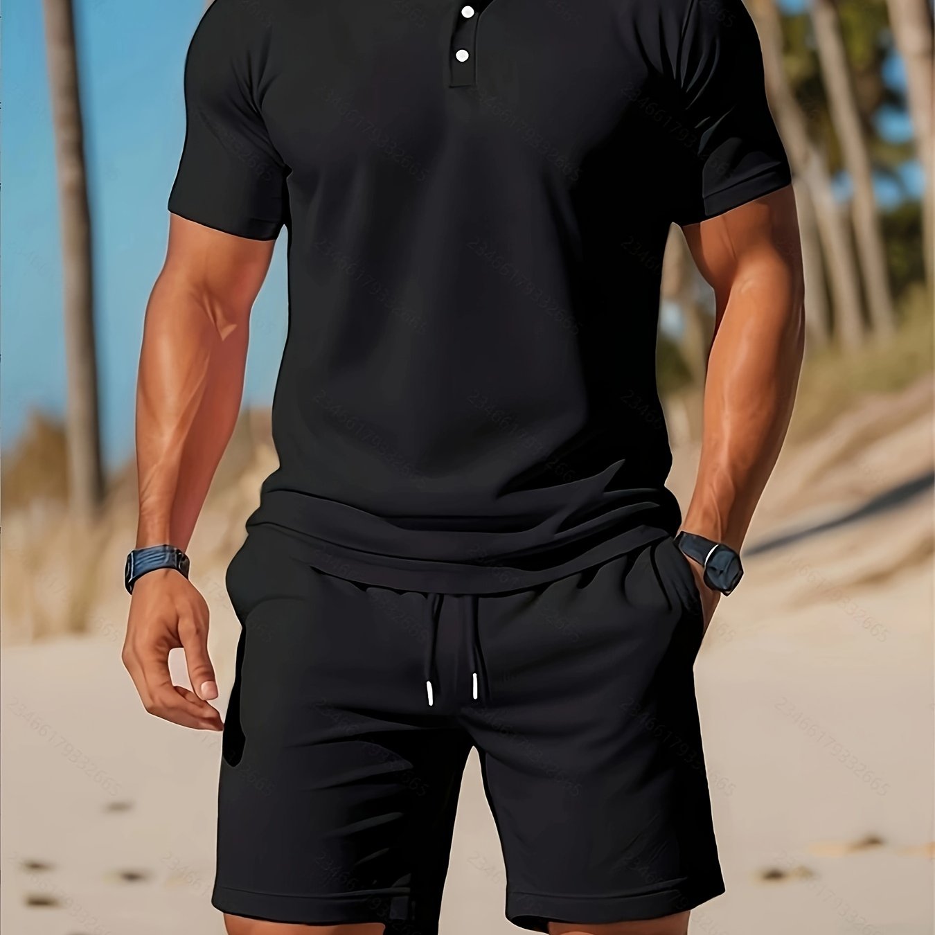 Zomerse casual herenset met lichtgewicht korte mouwen golftop met kraag en effen kleur tailleband shorts.kken