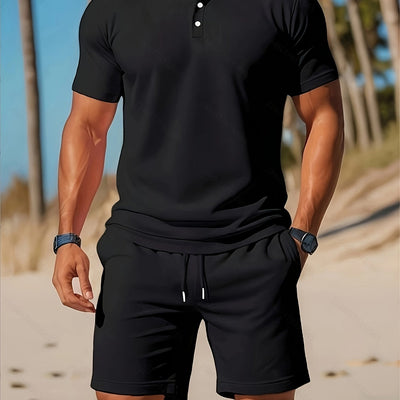 Zomerse casual herenset met lichtgewicht korte mouwen golftop met kraag en effen kleur tailleband shorts.kken