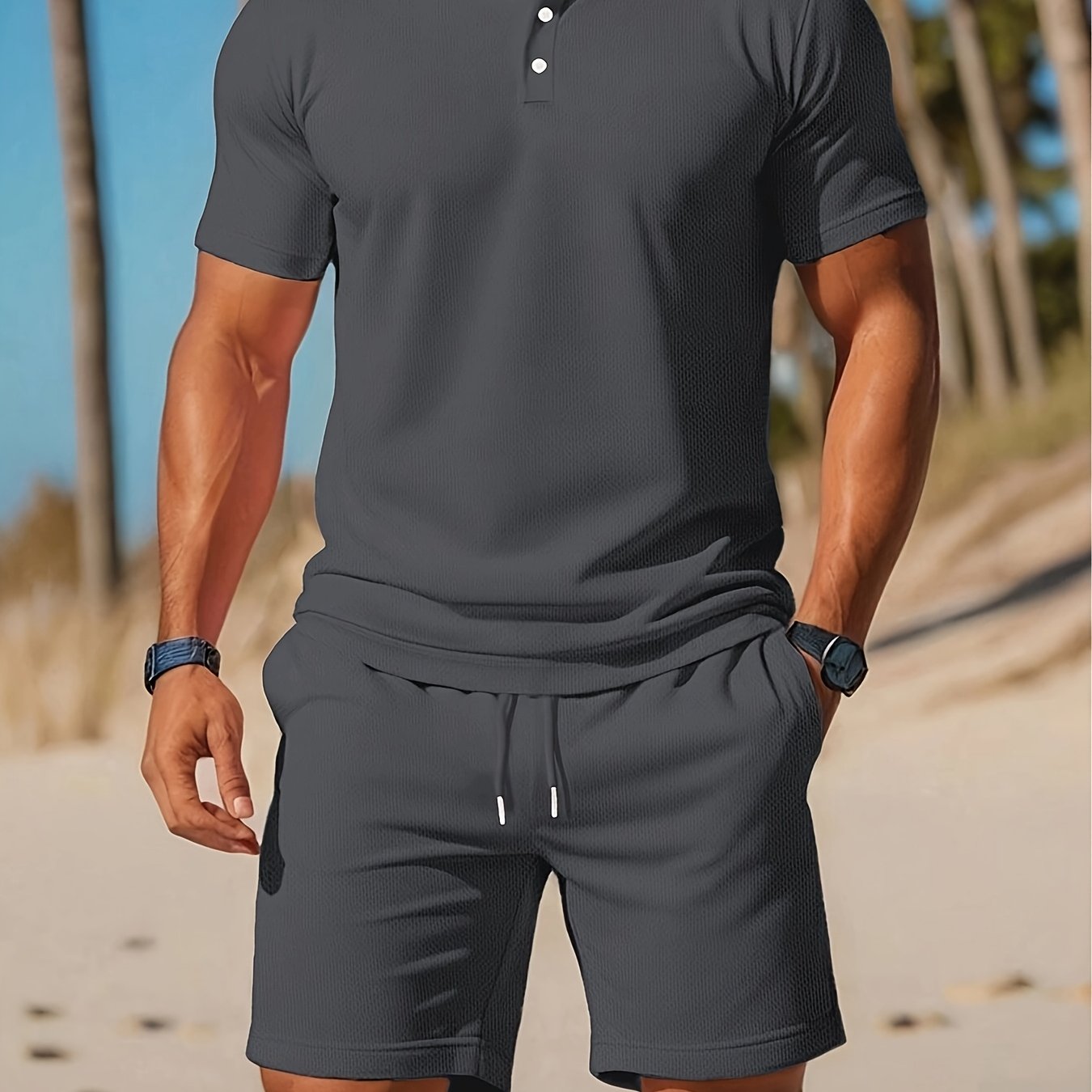 Zomerse casual herenset met lichtgewicht korte mouwen golftop met kraag en effen kleur tailleband shorts.kken