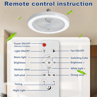 LED Slimme Ventilatorlamp, Verstelbare Windkracht & Continu Dimbaar, Onzichtbare Zonder Bladen, E27/E26 Inbouwinstallatie met Afstandsbediening, Modern en Eenvoudig Dunne Plafondventilator voor Woonkamer, Slaapkamer, Eetkamer, Opbergkamer etc