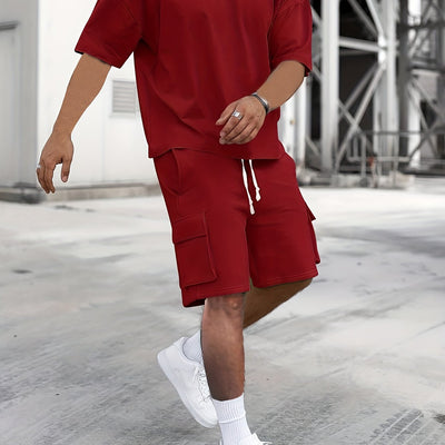 Ademende Stof Heren Beige Casual Sportkleding Set - Polyester Ronde Hals T-Shirt & Shorts met Trekkoord en Zakken, Machinewasbaar, Zomercomfort