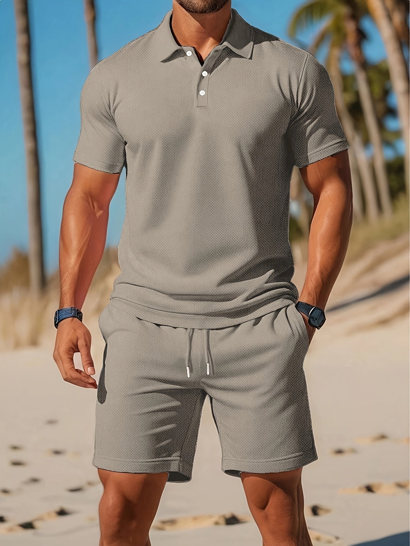 Zomerse casual herenset met lichtgewicht korte mouwen golftop met kraag en effen kleur tailleband shorts.kken