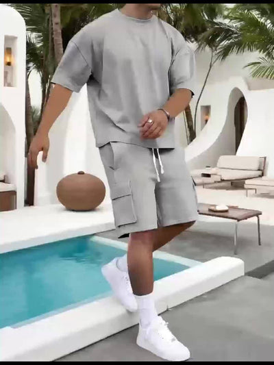 Ademende Stof Heren Beige Casual Sportkleding Set - Polyester Ronde Hals T-Shirt & Shorts met Trekkoord en Zakken, Machinewasbaar, Zomercomfort