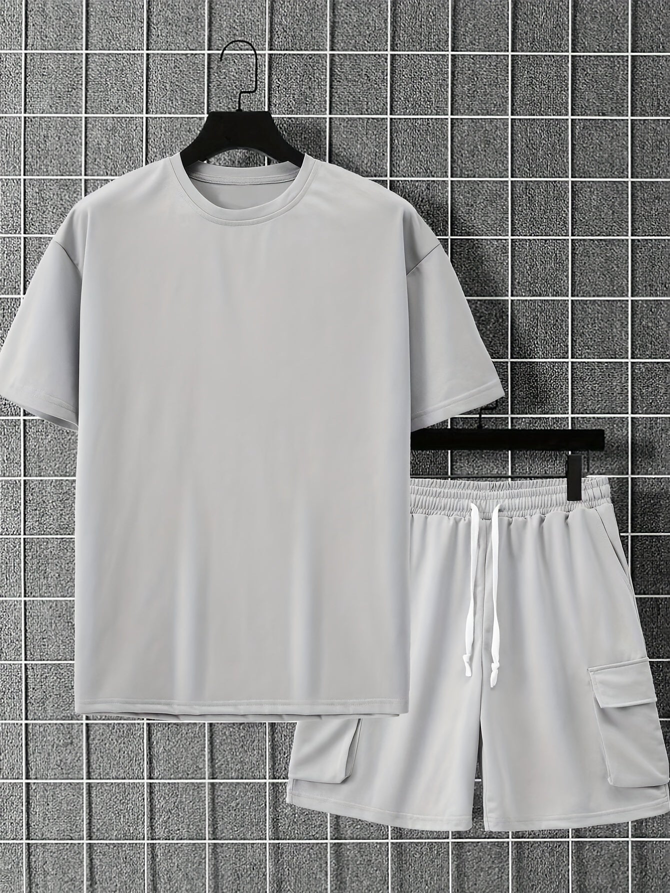 Ademende Stof Heren Beige Casual Sportkleding Set - Polyester Ronde Hals T-Shirt & Shorts met Trekkoord en Zakken, Machinewasbaar, Zomercomfort